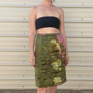 Olive green metallic floral ruched silk skirt